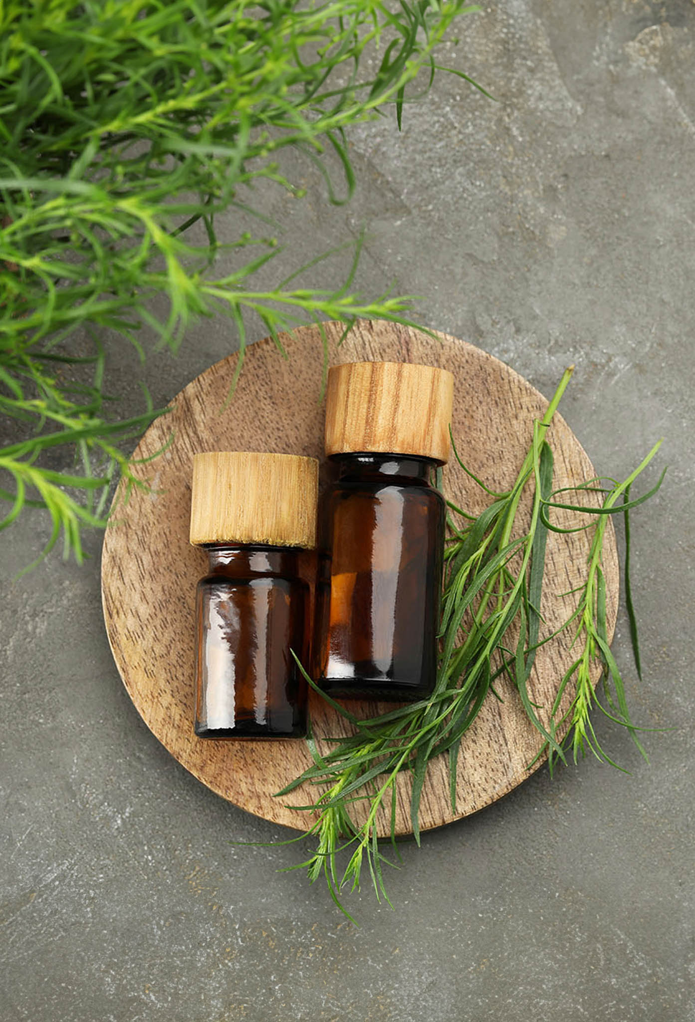 Small brown glass bottles with wooden stoppers on a round wooden coaster. Fresh sprigs of tarragon are scattered around the bottles.